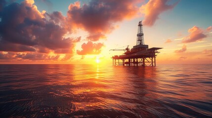 Oil Rig at Sunset. Industrial Energy Platform 