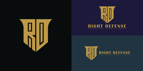 Abstract initial shield letter RD or DR logo in luxury gold color isolated on multiple background colors. The logo is suitable for attorney and law firm company icon logo design inspiration templates.