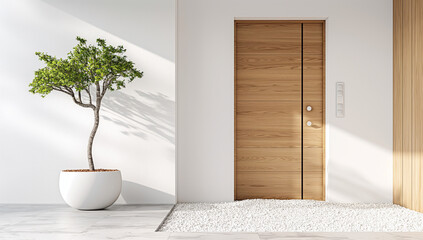 A white house with a brown door and a potted plant in front of it