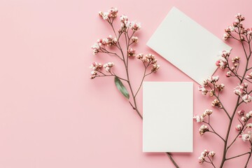Blank notes and post card with minimalist template design soft pink background and mini sakura