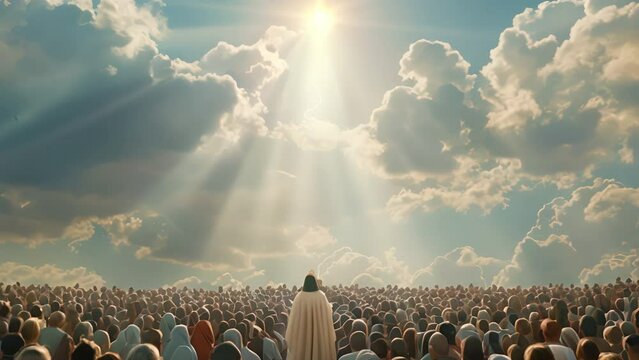 Jesus preached to a crowd of people. All ages and genders are listening intently. Moments before the miracle.
