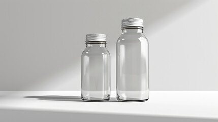 A blank bottle and a blank tube standing upright on a white background, with a shadow effect behind them. - Powered by Adobe