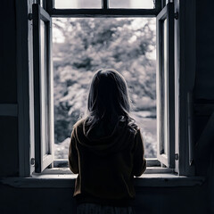 Brown color black and white scene with The girl is seen from behind looking out the window,in evening time