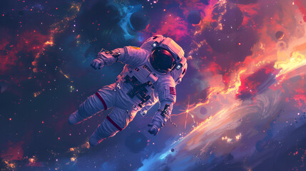 Artistic Style Painting Drawing of Spaceman Astronaut Floating in the Space Chilling in the Galaxy Aspect 16:9