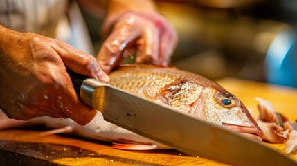 Chef hands with knife cut up fish on cutting board. fish. Illustrations