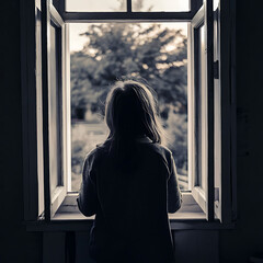Brown color black and white scene with The girl is seen from behind looking out the window,in evening time