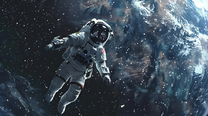 Fototapeta premium Artistic Style Painting Drawing of Spaceman Astronaut Floating in the Space Chilling in the Galaxy Aspect 16:9