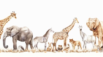 African animals on isolated background. Watercolor seamless savannah wildlife border. Kids edging . design for cards and wall decor.. animals. Illustrations
