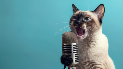 A Siamese cat meowing loudly into a vintage microphone on a vivid blue background, showcasing vibrant contrast and ample copy space for text