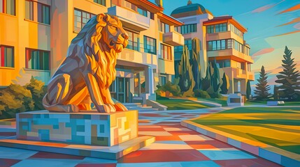 Regal lion statue, Art Deco embellishments, standing proudly in grand square, sunny day, Realistic, Sunlight, Depth of field bokeh effect, Rear view