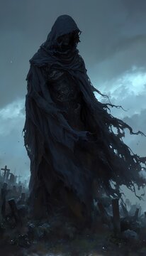 Ephemeral apparition of a dementor in a hallowed graveyard, dark cloak billowing, sinister and unearthly