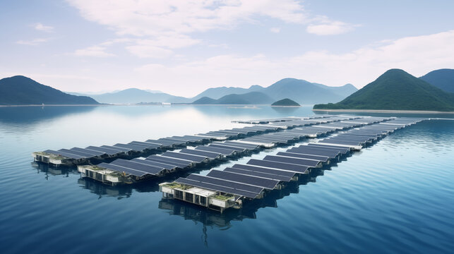 Floating PV solar energy power plant. Renewables innovation concept.