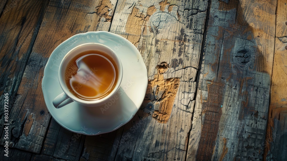 Poster Cup of tea on old wooden table. Top view.