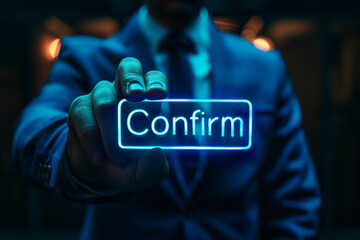 A person is writing the word confirm on a computer screen.ai generative