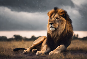 A majestic lion sits under a stormy sky, its mane highlighted against the dark clouds. World Lion Day.
