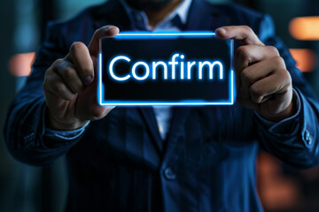 A person is writing the word confirm on a computer screen.ai generative