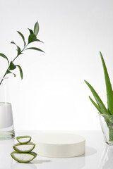 White minimalist background with green color of natural plant as an accent, empty podium placed in...