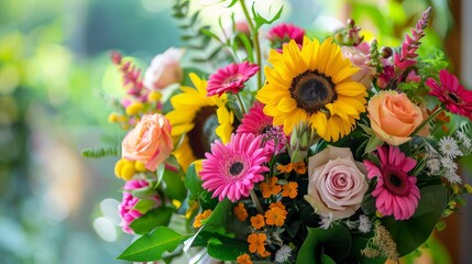 Mixed Flowers with Green Background. Bouquet of Sunflowers and Roses