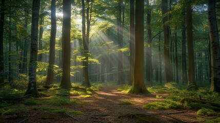 Naklejka premium Forest in Spring with Golden Sunlight Filtering Through Foliage