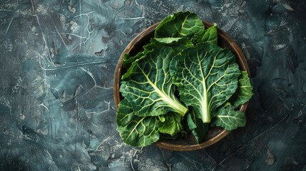 Fresh chard leaves in wooden bowl on dark background. Top view. - Powered by Adobe
