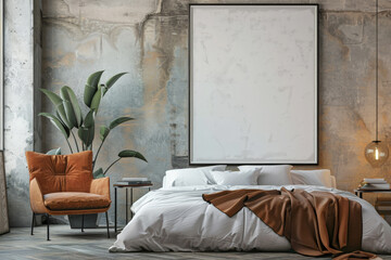 interior picture frame, mockup over bed in modern bedroom. Wall art mock-up. Generative AI.