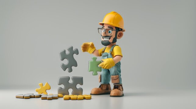 Builder cartoon character, funny worker or engineer with puzzle, 3d Rendering. cartoons. Illustrations