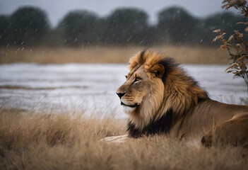 A majestic lion with a full mane lies in the grass, gazing into the distance under a rainy sky....