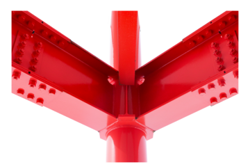 Large screw hexagon flange red nut supporting structure, metal frame of prefabricated building isolated on cut out PNG or transparent background. Metal posts are painted of billboard construction work