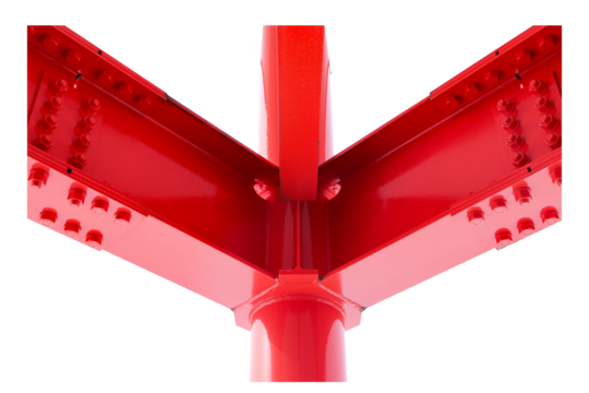 Large screw hexagon flange red nut supporting structure, metal frame of prefabricated building isolated on cut out PNG or transparent background. Metal posts are painted of billboard construction work