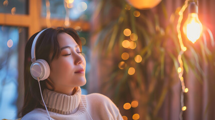 Woman enjoying music through headphones with eyes closed, surrounded by festive lights, Concept of personal joy and immersive experiences.