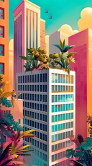 Tree Canopy, Urban Oasis, Green Roof Initiative, Transforming City Skyscrapers, Cloudy Day, Realistic Image, Soft Backlights, Wide-angle view