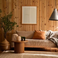 modern living room,A warm and inviting living room frame mockup on the wall against a cozy wood grain backdrop,