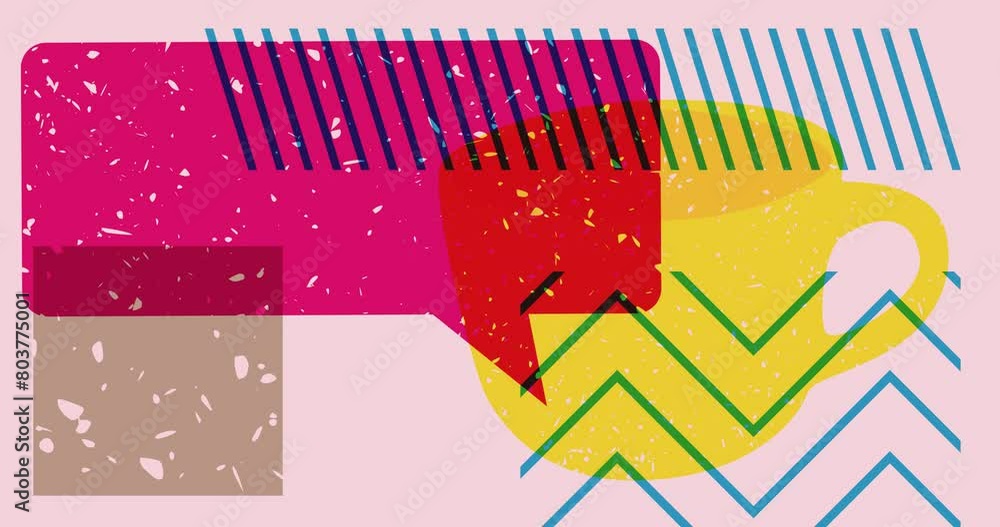 Poster risograph coffee cup and speech bubble with geometric shapes animation. moving object in trendy riso