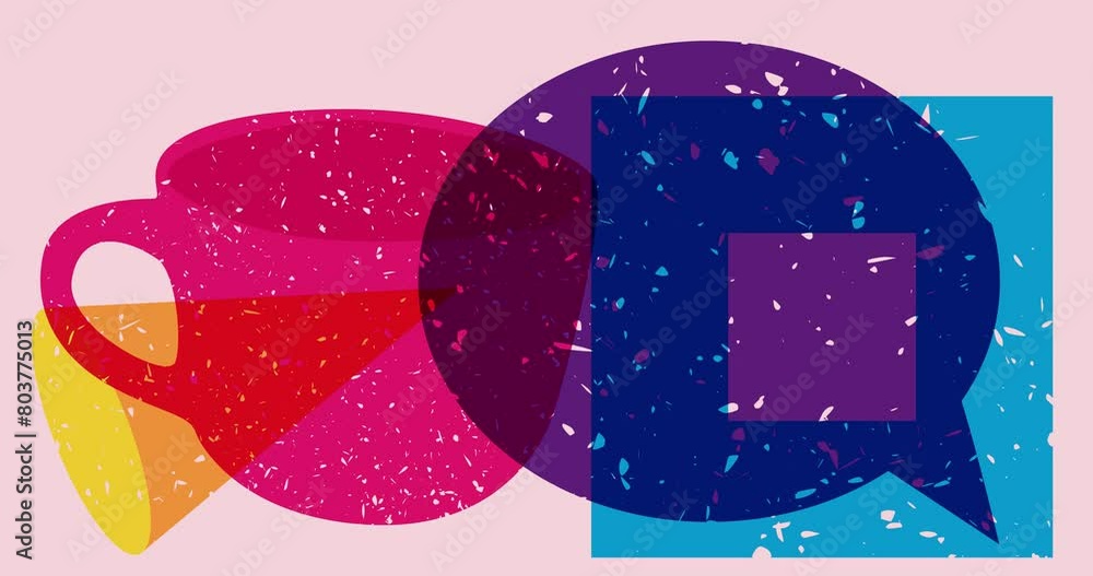 Poster risograph coffee cup and speech bubble with geometric shapes animation. moving object in trendy riso