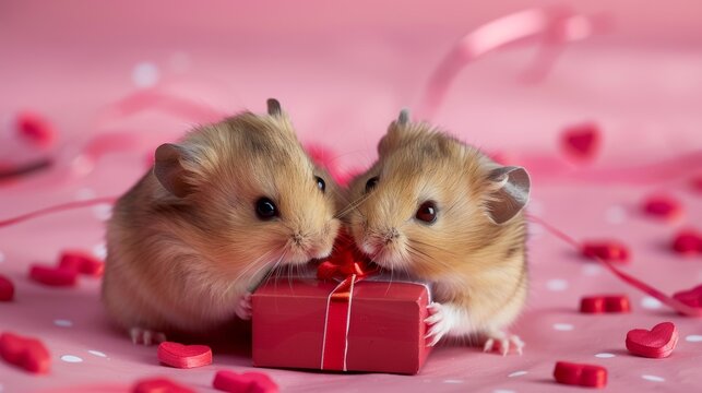 Cute hamsters in love celebrating Valentine's Day and opening a gift. animals. Illustrations