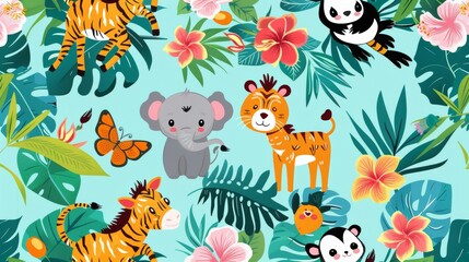 Seamless pattern with cute tropical animals. animals. Illustrations