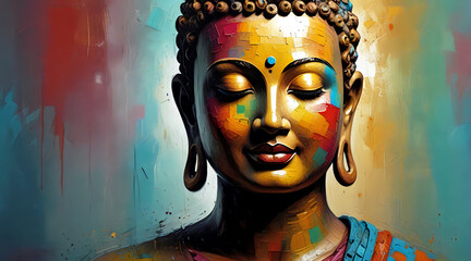 Face of buddha colorful painting abstract background design illustration.