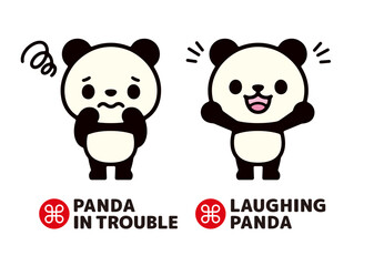 Set of illustrations of cute characters of pandas in trouble and pandas in joy
