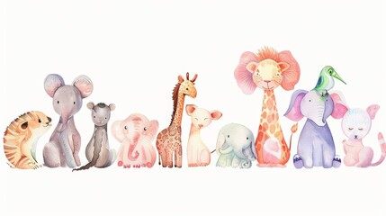 Watercolor alphabet baby names for nursery with cute animals illustration. animals. Illustrations