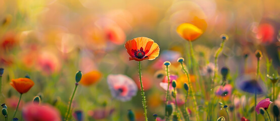 A vibrant and colorful field of wildflowers, including poppies in various colors,