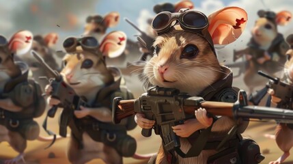A group of cute hamster animals holding weapons and wearing military clothes are ready to fight on the battlefield created with Generative AI Technology. animals. Illustrations