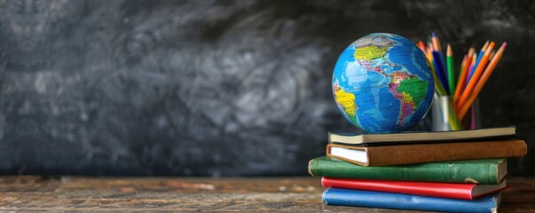 An educational featuring old books stacked, a world globe, and colorful pencils in a cup,...