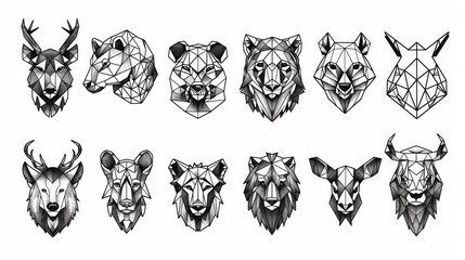 Fototapeta premium Set of polygonal animal portraits. Collection of geometric animal heads. Black white illustration. Linear art. Tattoo. animals. Illustrations