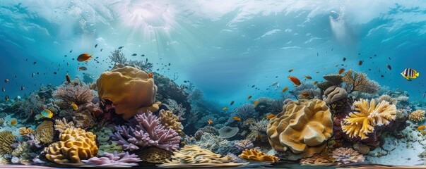 An underwater landscape showcasing a coral reef bathing in sunbeams penetrating the ocean's surface. copy space for text.