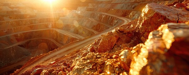 array of rough rocks illuminated by a warm, golden sunlight with light flares, giving a serene yet dynamic natural texture.