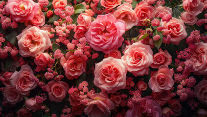  A dense and lush wall of pink roses, some with buds about to open and others in full bloom. Created with Ai