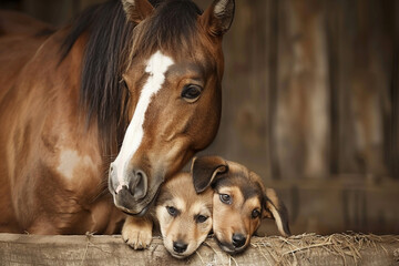 Obraz premium Horse and puppies leaning over farm fence in barn, farm animals concept, Generative AI