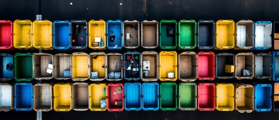 Drone shot of waste segregation area in a factory, with different colored bins for various...