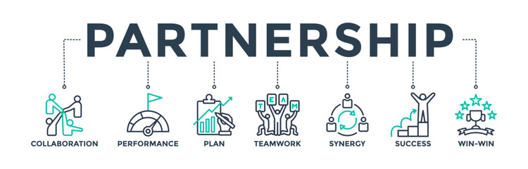 Partnership banner web icon concept with line icon of collaboration, performance, plan, teamwork, synergy, success and win-win solution. Vector illustration 