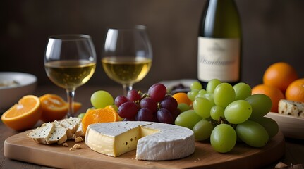 Cheese board with brie green grapes and a glass of orange.generative.ai